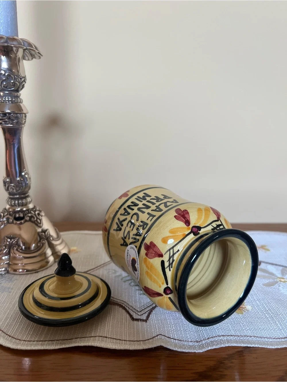 Princesa de Minaya Saffron Jar with Lid Ceramic Hand-Painted Yellow Blue - EMPTY